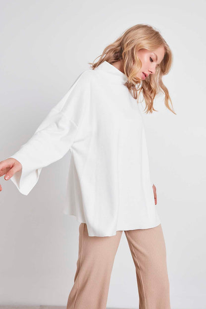 LOW SLEEVE SIDE SPLIT KNITTED COMFY BLOUSE