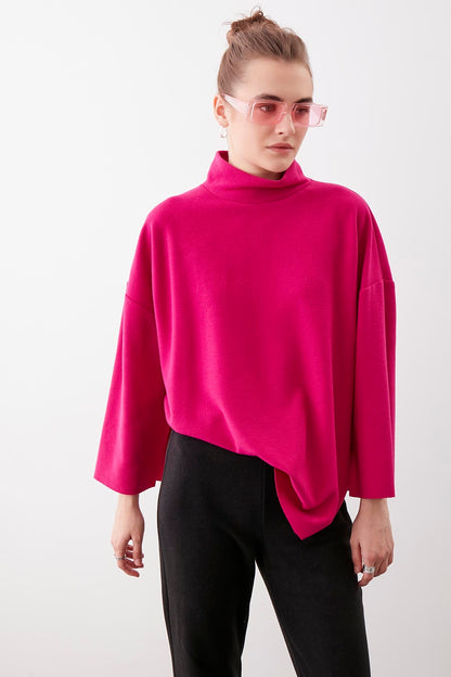 LOW SLEEVE SIDE SPLIT KNITTED COMFY BLOUSE