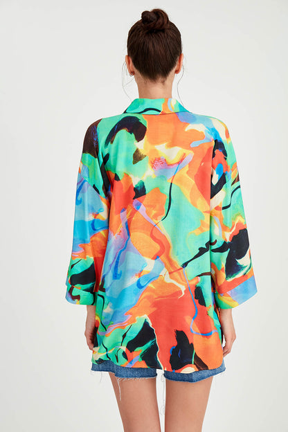 COMFY BLOUSE WITH LOW SHOULDER PATTERN FRONT BUTTON