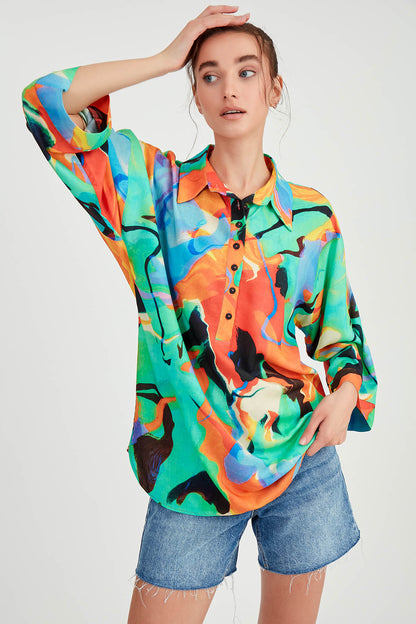 COMFY BLOUSE WITH LOW SHOULDER PATTERN FRONT BUTTON