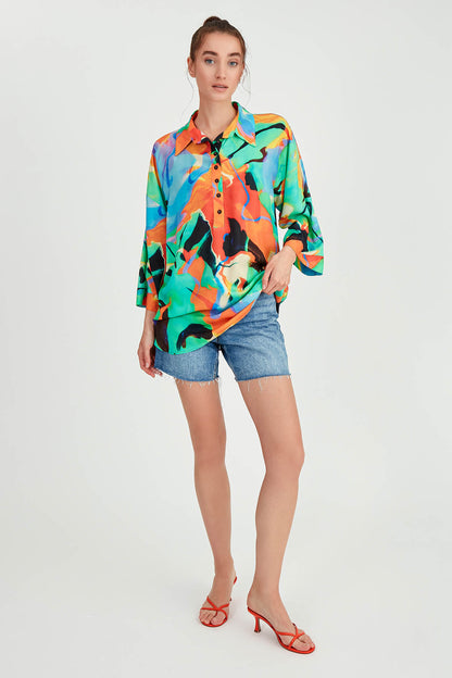 COMFY BLOUSE WITH LOW SHOULDER PATTERN FRONT BUTTON