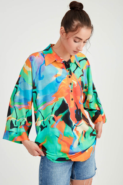 COMFY BLOUSE WITH LOW SHOULDER PATTERN FRONT BUTTON