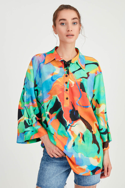 COMFY BLOUSE WITH LOW SHOULDER PATTERN FRONT BUTTON