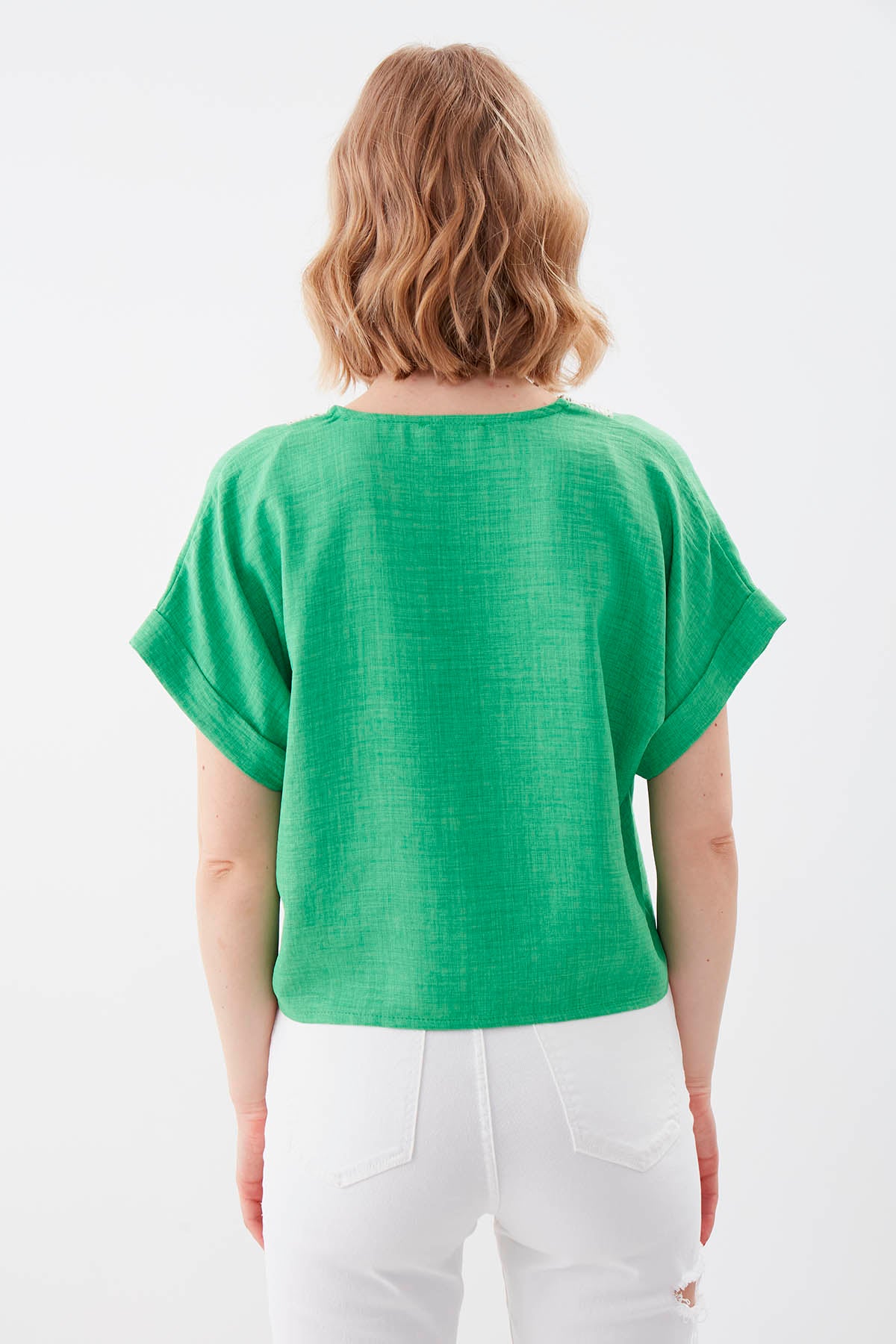 LOW SHOULDER V COLLAR PLEATED BLOUSE