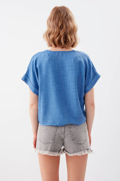 LOW SHOULDER V COLLAR PLEATED BLOUSE