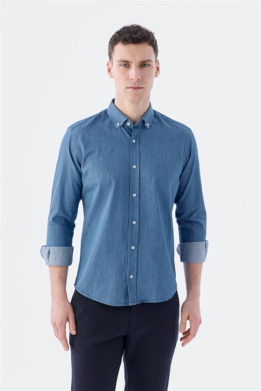 Navy Slim Fit Pocket Buttoned Collar 100% Cotton Shirt