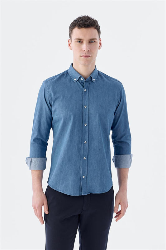 Navy Slim Fit Pocket Buttoned Collar 100% Cotton Shirt