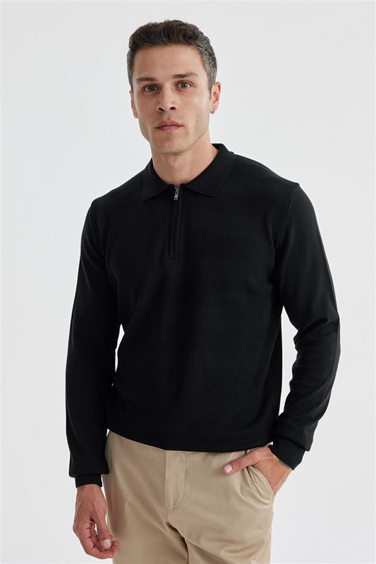 Black Slim Fit Cotton Patterned Zippered Polo Collar Knitted Sweater