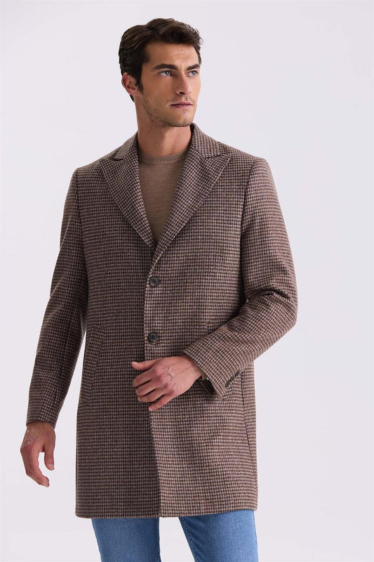 Coffee Comfort Fit Sharp Collar Brown Patterned Wool Collar Jacket