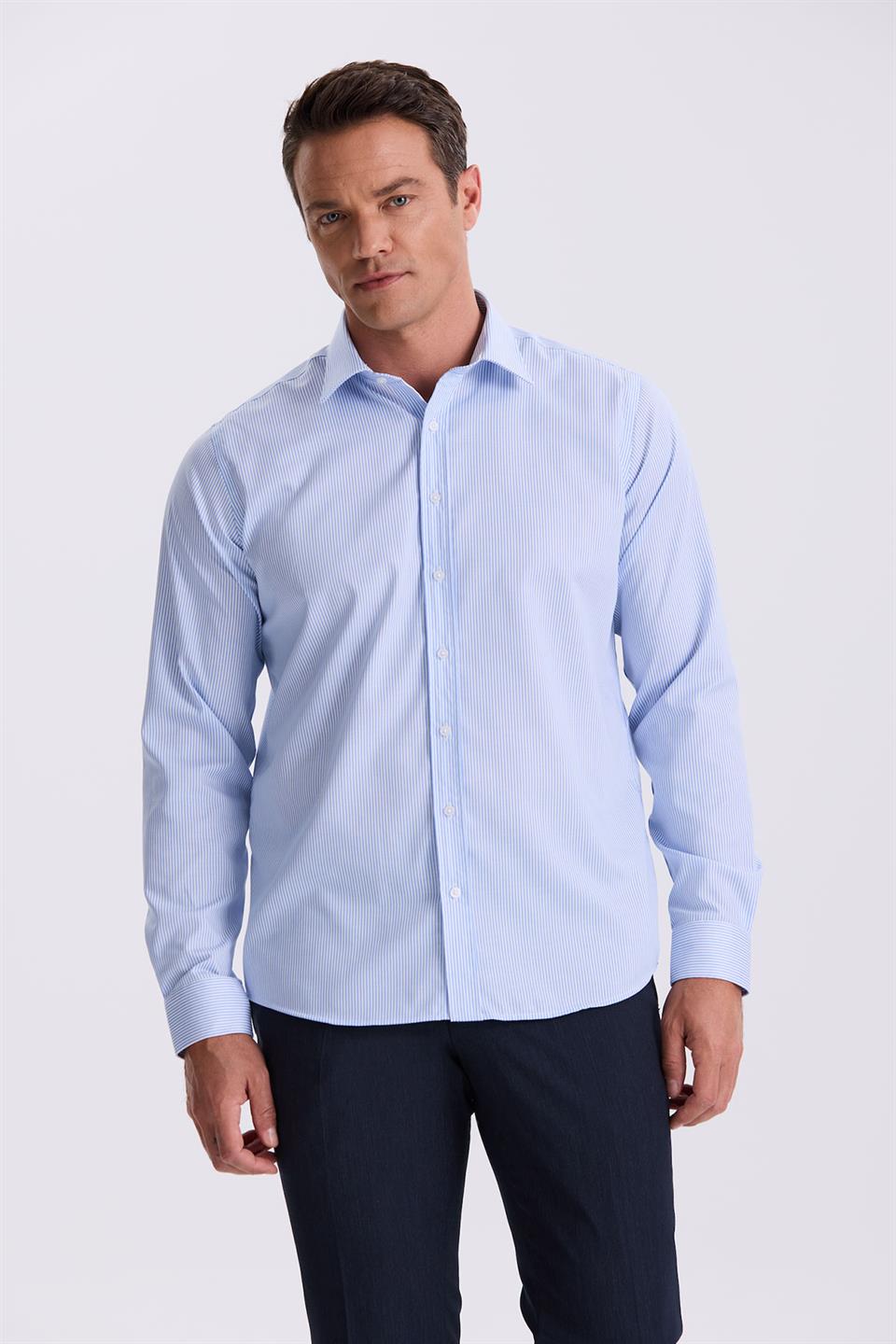 Blue Comfort Fit Non Iron Shirt With 100% Cotton Stripes And No Need For A Top
