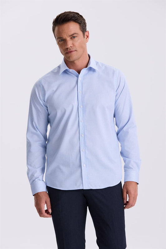 Blue Comfort Fit Non Iron Shirt With 100% Cotton Stripes And No Need For A Top