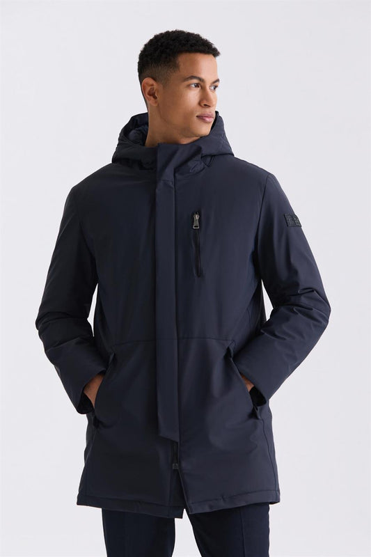 Navy Comfort Fit Hooded Concealed Zippered Winter Jacket