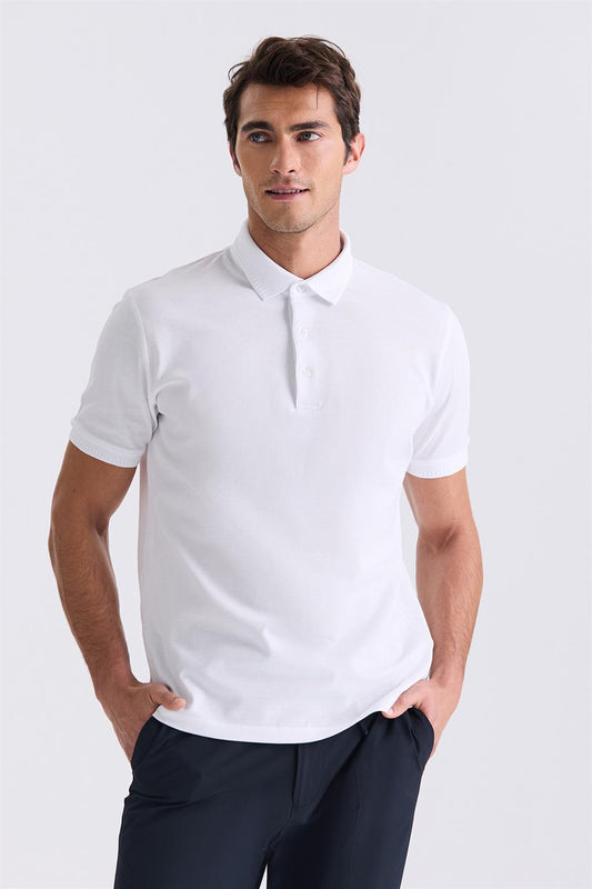 White Slim Fit 100% Cotton Mercerize Polo Collar T Shirt