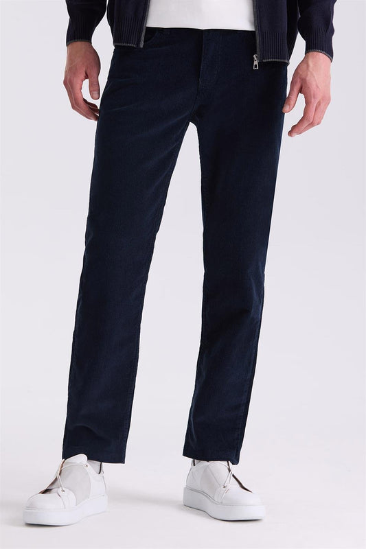 Navy Regular Fit Lycra Cotton Velvet Trousers