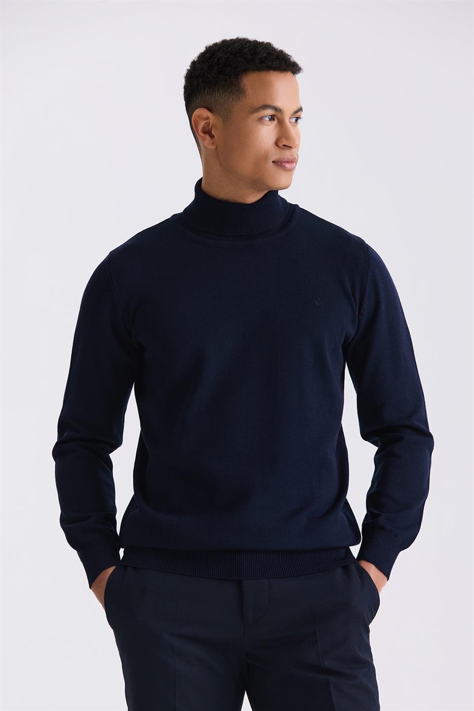 Navy Slim Fit Full Sailor Collar Knitted Sweater