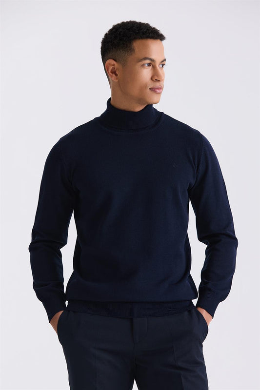 Navy Slim Fit Full Sailor Collar Knitted Sweater