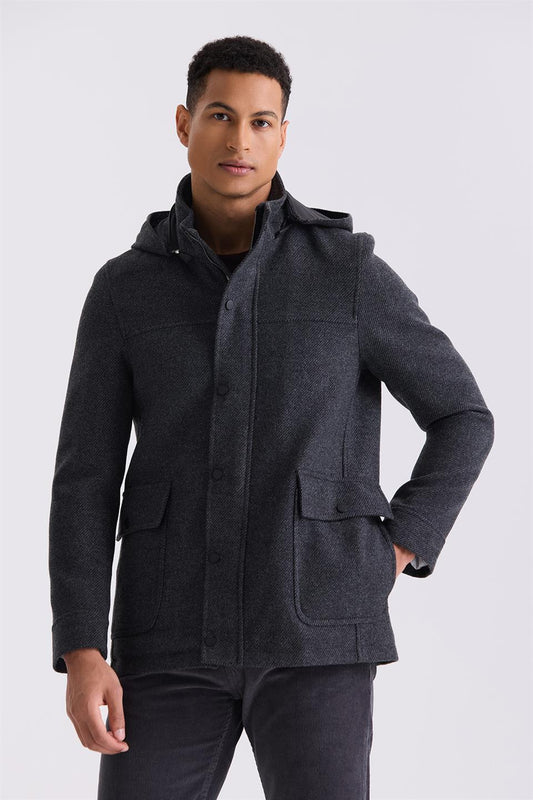 Dark Navy Comfort Fit Judge Collar With Patterned Hooded Wool Sports Jacket