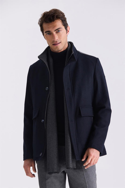 Navy Regular Fit Judge Collar Wool Sports Jacket