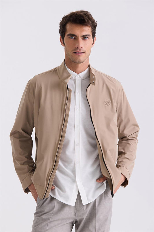 Beige Comfort Fit Upright Collar Front Zippered Season Jacket