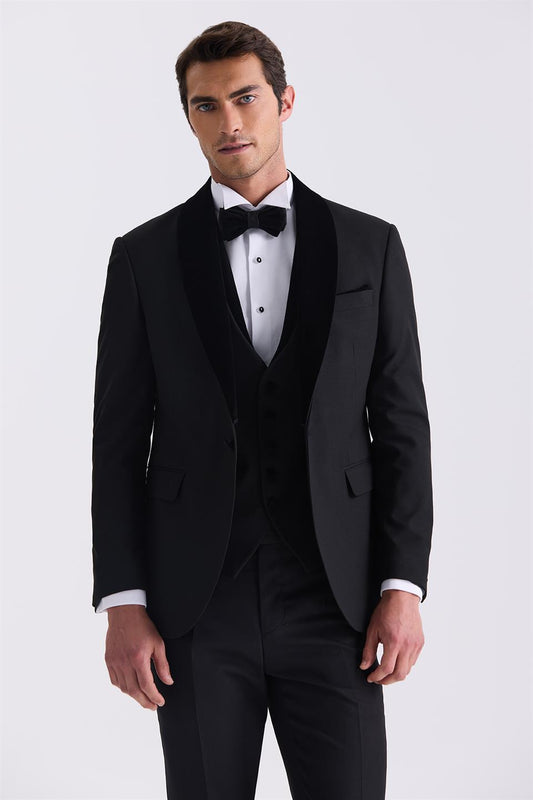 Black Slim Fit Shawl Collar Suit With Coat