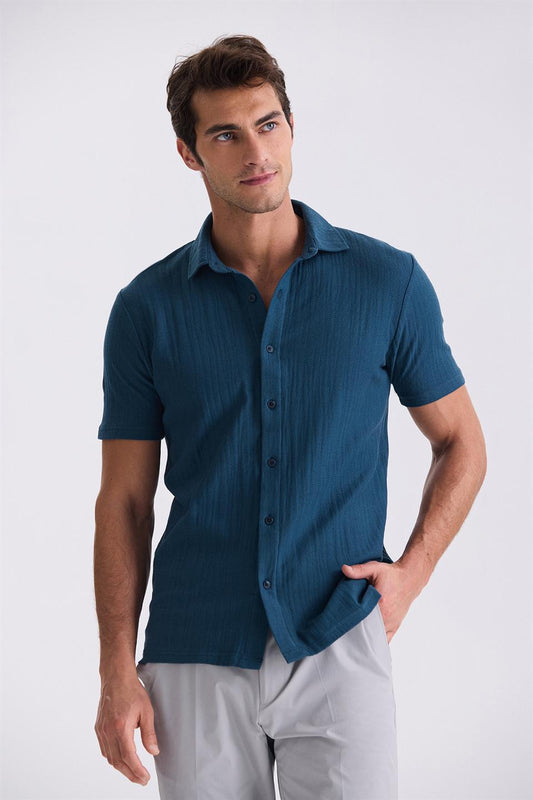Navy Slim Fit Buttoned Shirt Collar T Shirt