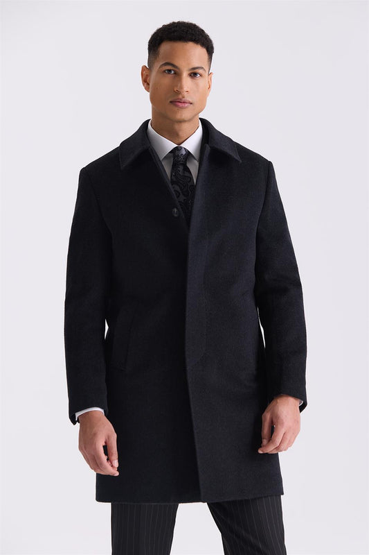 Black Comfort Fit Shirt Collar Woolly Collared Jacket
