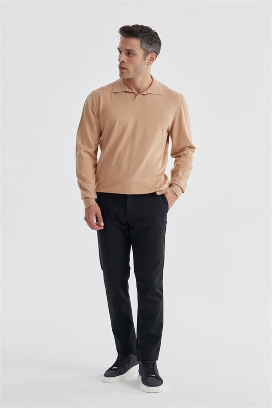 Beige Slim Fit Polo Collar Knitted Sweater.