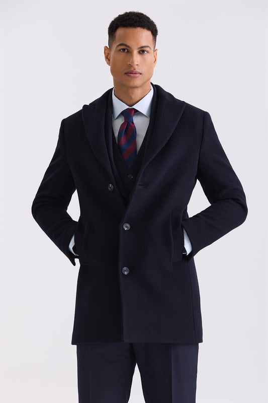 Dark Navy Regular Fit Sharp Collar Side Pocket Wool Collar Jacket