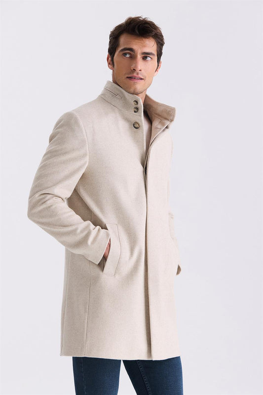 Beige Slim Fit Straight Collar Fish Back With Patterned Wool Sports Jacket
