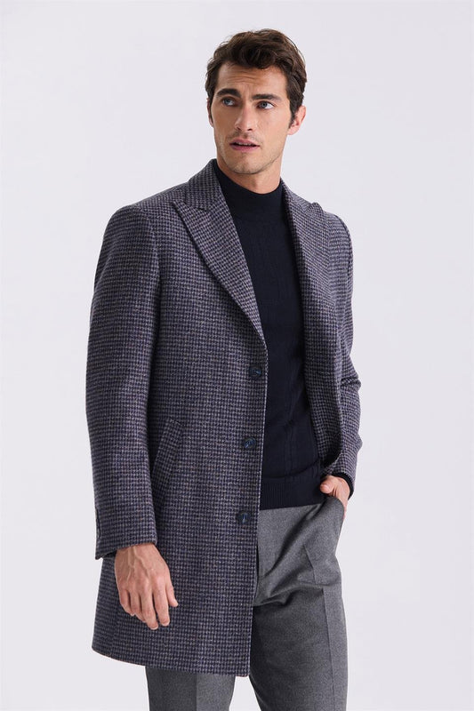 Navy Comfort Fit Sharp Collar Brownish Patterned Wool Collar Jacket