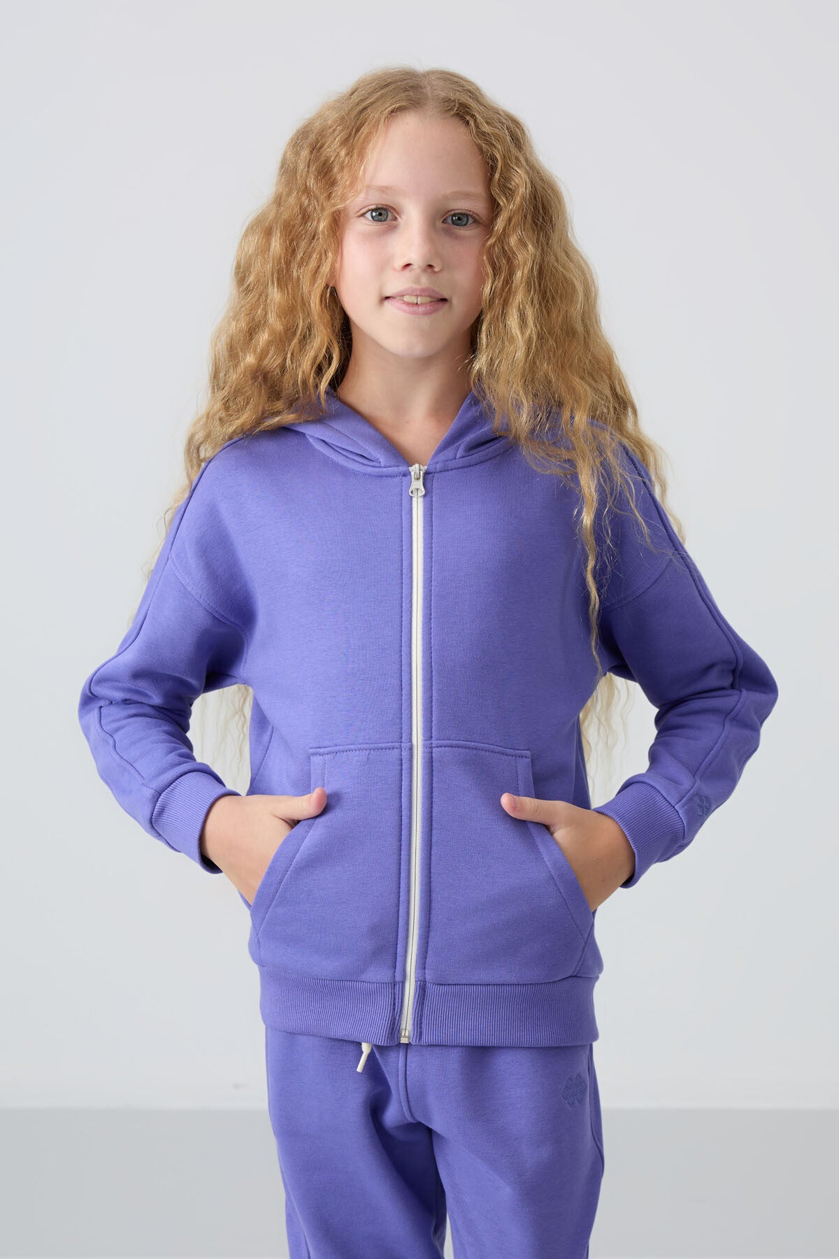 Light Blue Cotton Fleece-Lined Soft Textured Standard Fit Embroidered Girls' Tracksuit Set - 75148