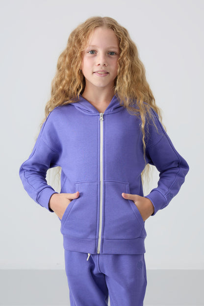Light Blue Cotton Fleece-Lined Soft Textured Standard Fit Embroidered Girls' Tracksuit Set - 75148