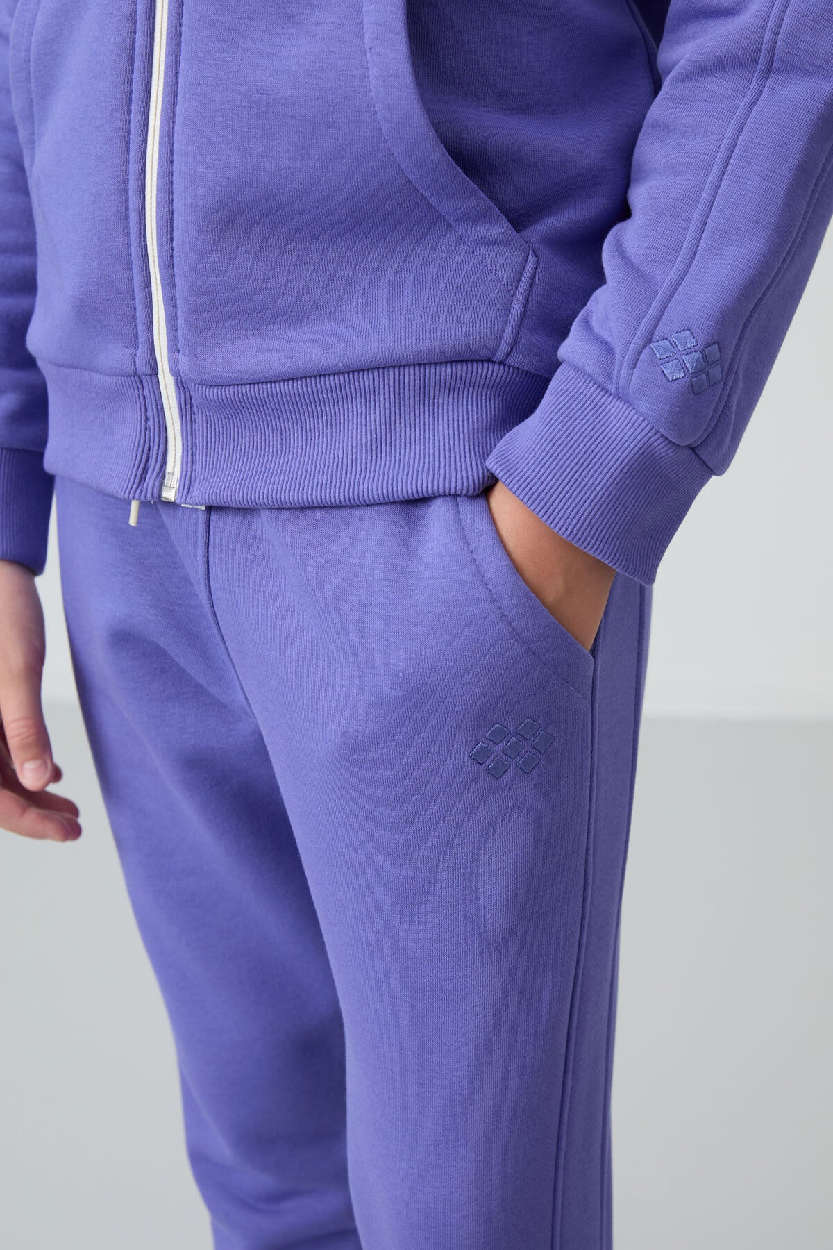 Light Blue Cotton Fleece-Lined Soft Textured Standard Fit Embroidered Girls' Tracksuit Set - 75148