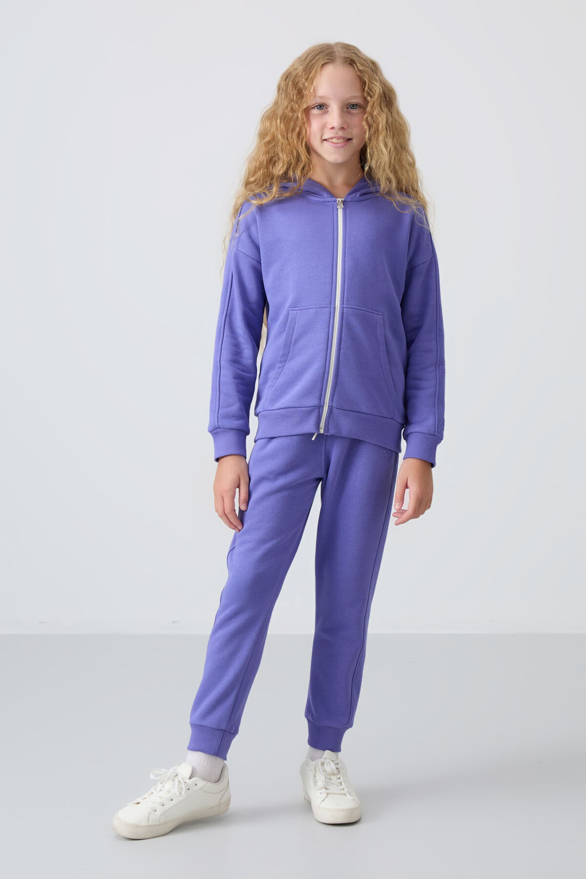 Light Blue Cotton Fleece-Lined Soft Textured Standard Fit Embroidered Girls' Tracksuit Set - 75148