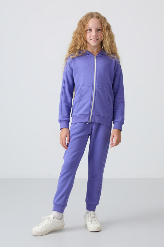 Light Blue Cotton Fleece-Lined Soft Textured Standard Fit Embroidered Girls' Tracksuit Set - 75148