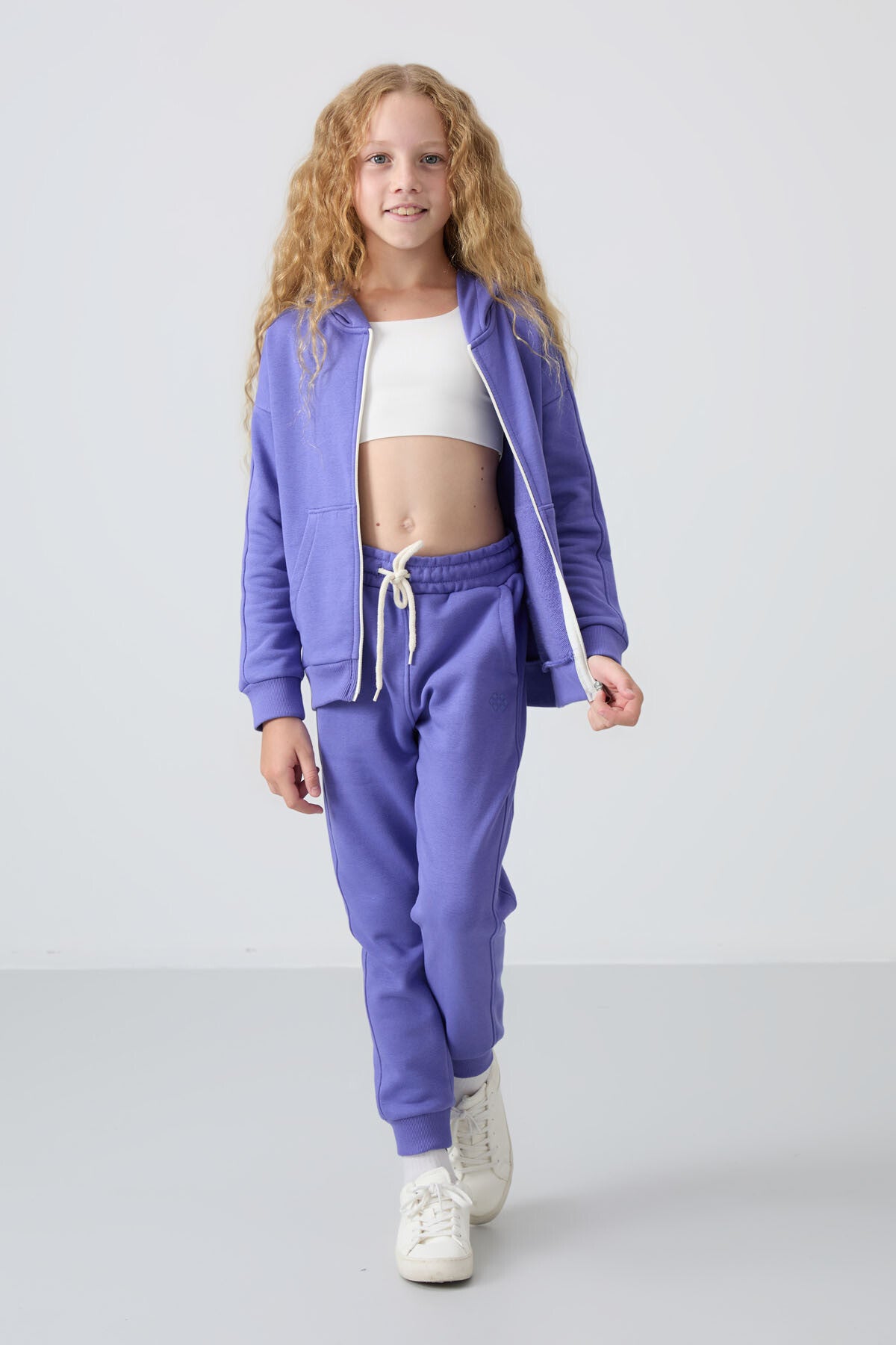 Light Blue Cotton Fleece-Lined Soft Textured Standard Fit Embroidered Girls' Tracksuit Set - 75148