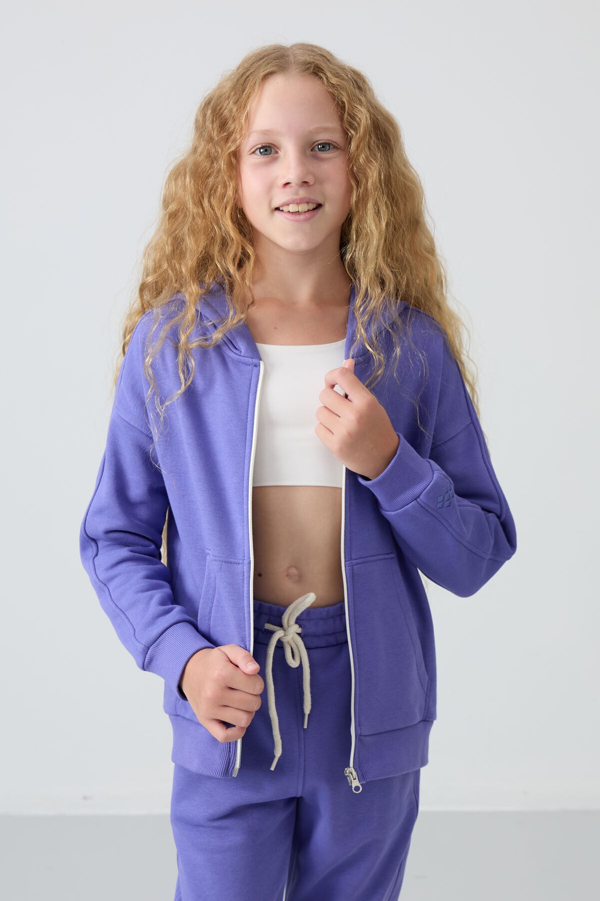 Light Blue Cotton Fleece-Lined Soft Textured Standard Fit Embroidered Girls' Tracksuit Set - 75148