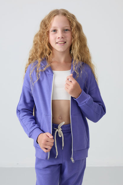 Light Blue Cotton Fleece-Lined Soft Textured Standard Fit Embroidered Girls' Tracksuit Set - 75148