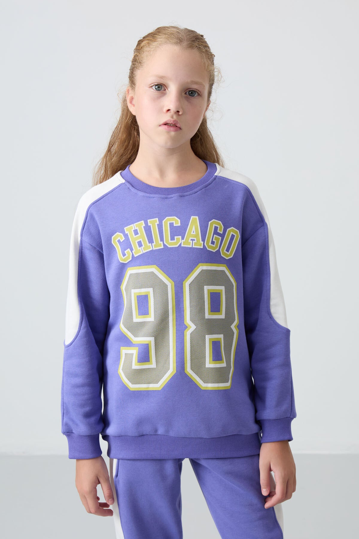Plush Cotton Fleece-Lined Soft Textured Standard Fit Printed Girls' Tracksuit Set - 75170