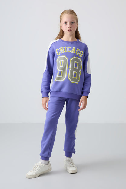 Plush Cotton Fleece-Lined Soft Textured Standard Fit Printed Girls' Tracksuit Set - 75170