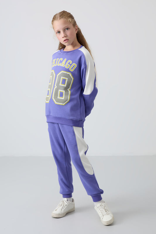 Plush Cotton Fleece-Lined Soft Textured Standard Fit Printed Girls' Tracksuit Set - 75170