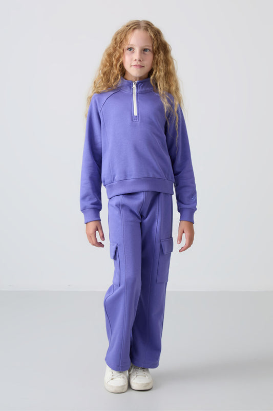Plush Cotton Fleece-Lined Soft Textured Standard Fit Embroidered Girls' Tracksuit Set - 75159