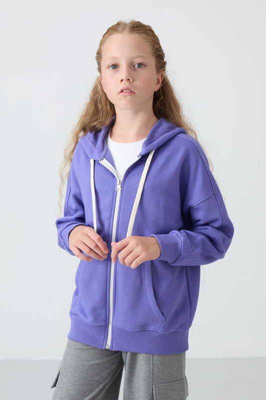 Light Blue Cotton Fleece-Lined Soft Textured Standard Fit Embroidered Girls' Sweatshirt - 75149