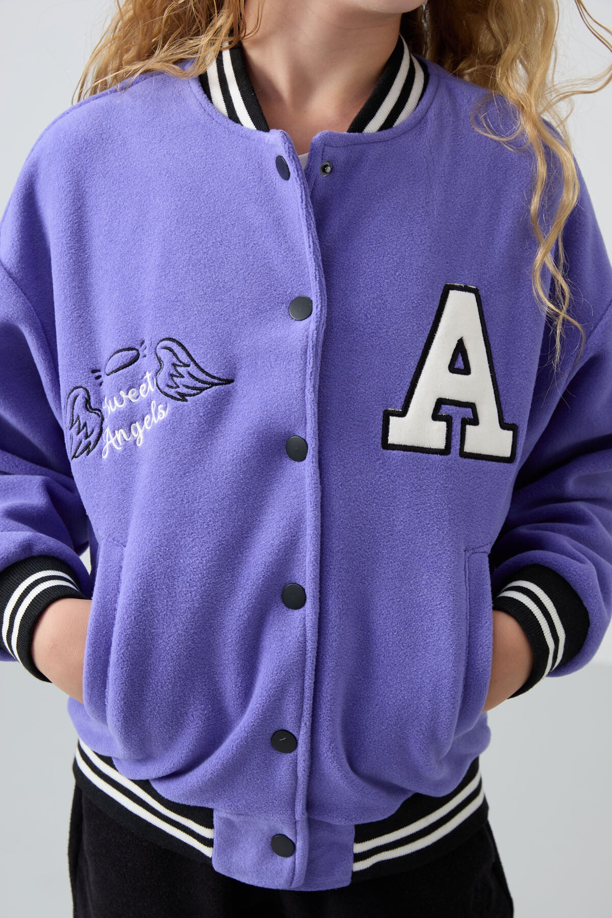 Plato Thick Soft Textured Standard Fit Embroidered Fleece Girls' College Jacket - 75156