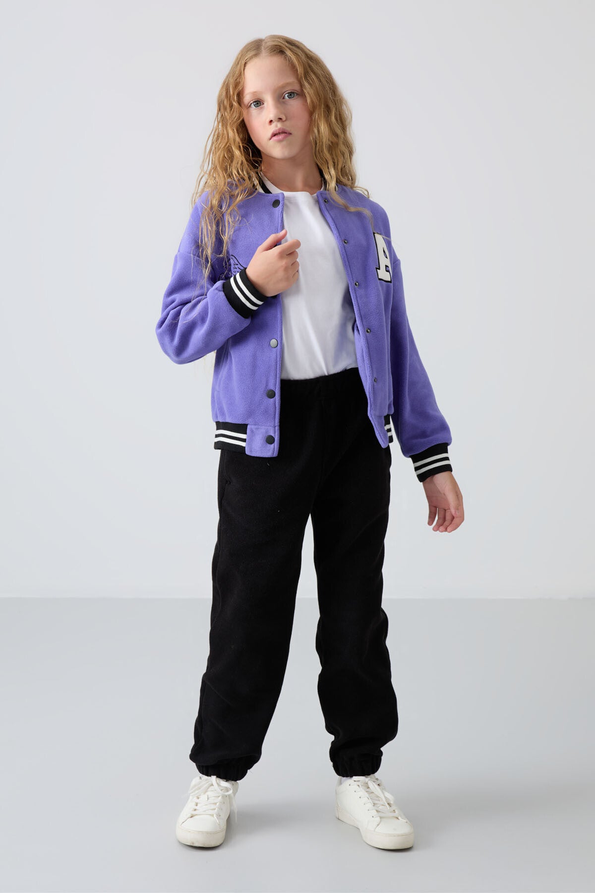 Plato Thick Soft Textured Standard Fit Embroidered Fleece Girls' College Jacket - 75156