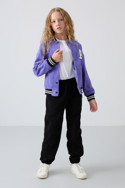 Plato Thick Soft Textured Standard Fit Embroidered Fleece Girls' College Jacket - 75156