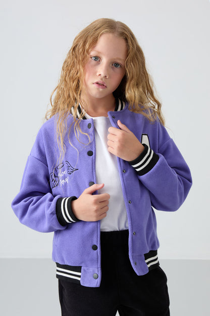 Plato Thick Soft Textured Standard Fit Embroidered Fleece Girls' College Jacket - 75156