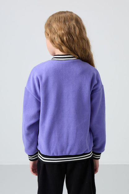 Plato Thick Soft Textured Standard Fit Embroidered Fleece Girls' College Jacket - 75156