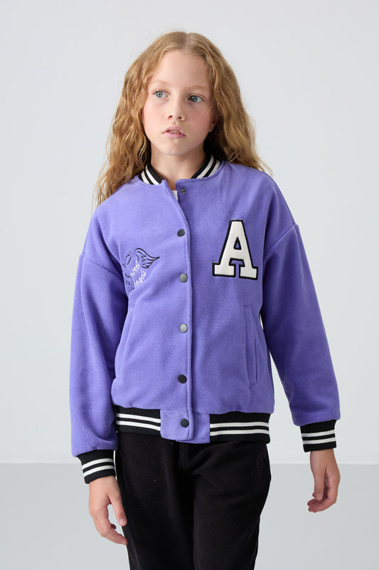 Plato Thick Soft Textured Standard Fit Embroidered Fleece Girls' College Jacket - 75156