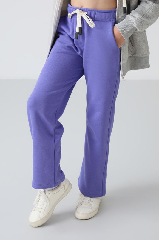 Light Blue Cotton Fleece-Lined Soft Textured Standard Fit Embroidered Girls' Tracksuit Bottom - 75146